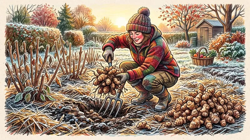 Gardener lifting a clump of Jerusalem artichoke tubers from frosted ground with a digging fork beside cut brown stalks in low November sun