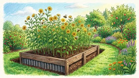 Dedicated sunchoke bed edged with a buried metal root barrier and low timber frame with tall flowering plants inside and mown grass outside