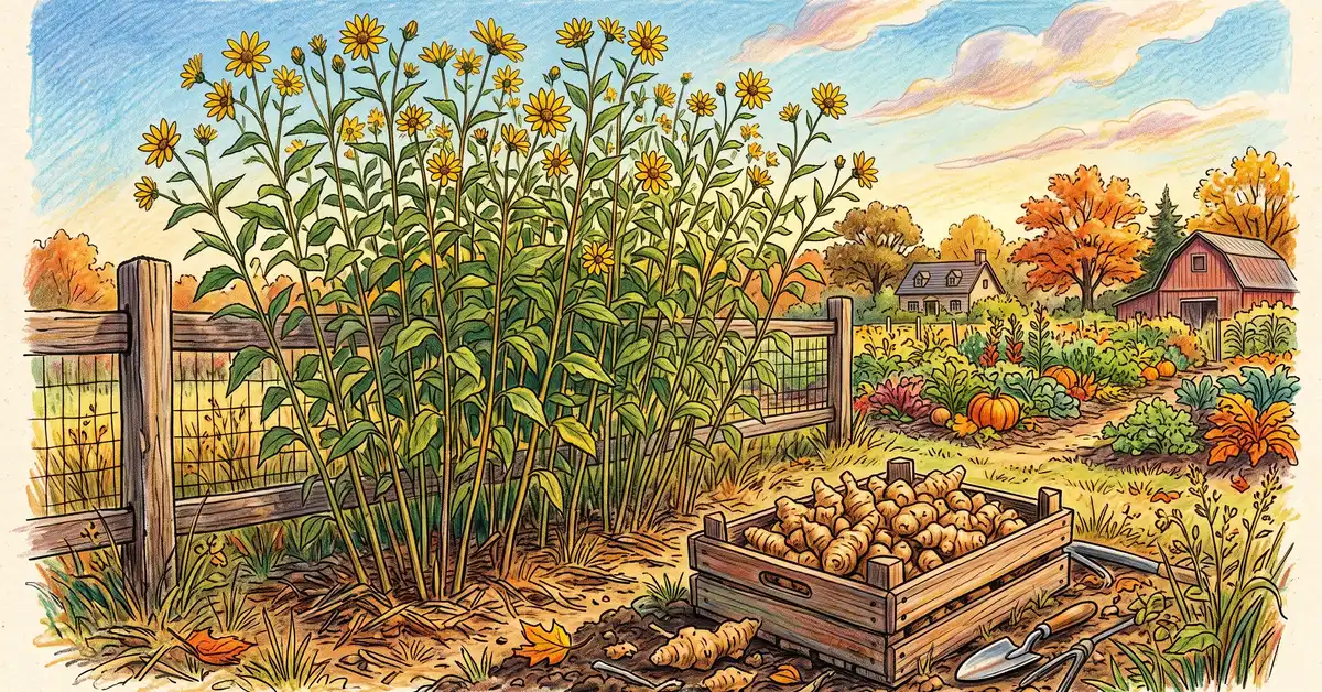 Tall stand of flowering sunchoke plants along a homestead fence in early October with a crate of freshly dug knobby tubers in front