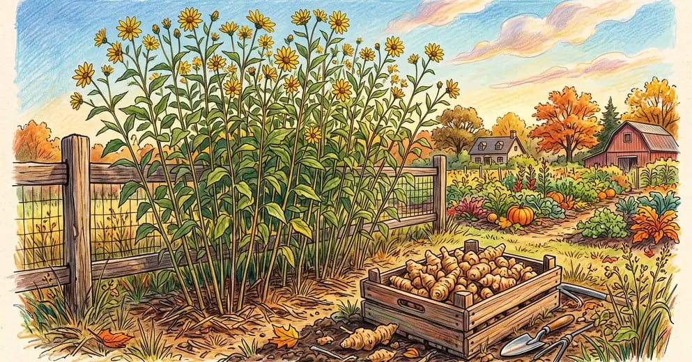 Tall stand of flowering sunchoke plants along a homestead fence in early October with a crate of freshly dug knobby tubers in front