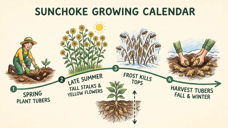 Infographic timeline of the sunchoke growing year from spring tuber planting through late summer flowers to fall and winter tuber harvest with a root barrier cross-section