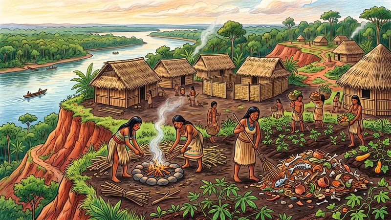 Amazonian village centuries ago with thatched houses, a smouldering fire and middens of fish bones and broken pots being swept into manioc gardens on dark soil