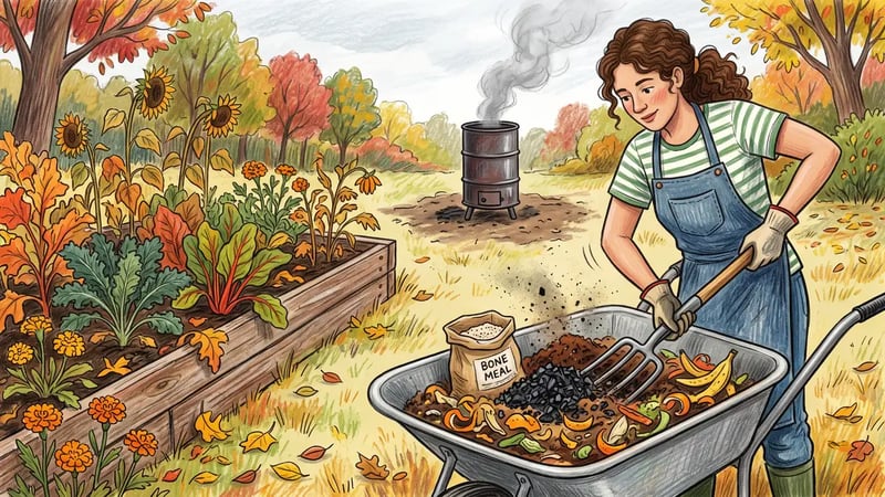 Backyard gardener mixing crushed biochar into a wheelbarrow of compost, bone meal and kitchen scraps beside a raised bed with a small kiln behind