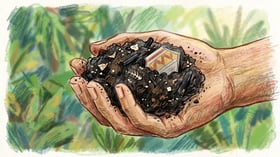 Hand holding a clod of black terra preta soil with visible charcoal fragments, a painted pottery shard and tiny fish bone pieces