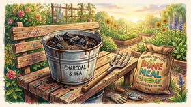 Bucket of charcoal chunks soaking in dark compost tea and fish emulsion to charge biochar, with a garden fork and bag of bone meal on a bench