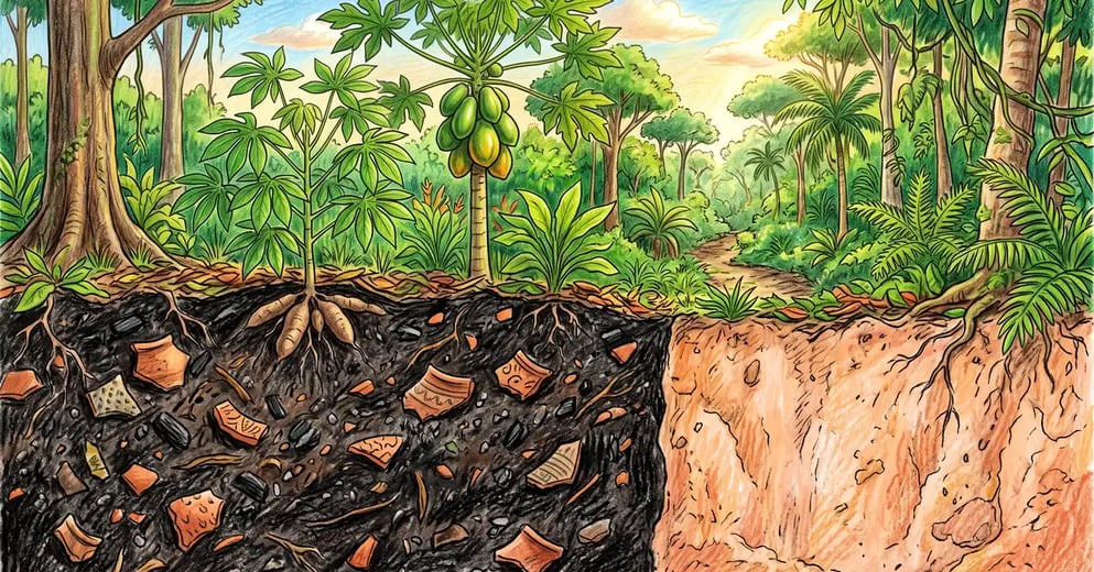 Cross-section of black Amazonian terra preta soil with pottery shards and charcoal beside pale orange tropical clay under manioc and papaya plants
