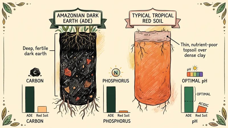 Infographic comparing an Amazonian dark earth soil profile with a typical tropical red soil on carbon, phosphorus and pH