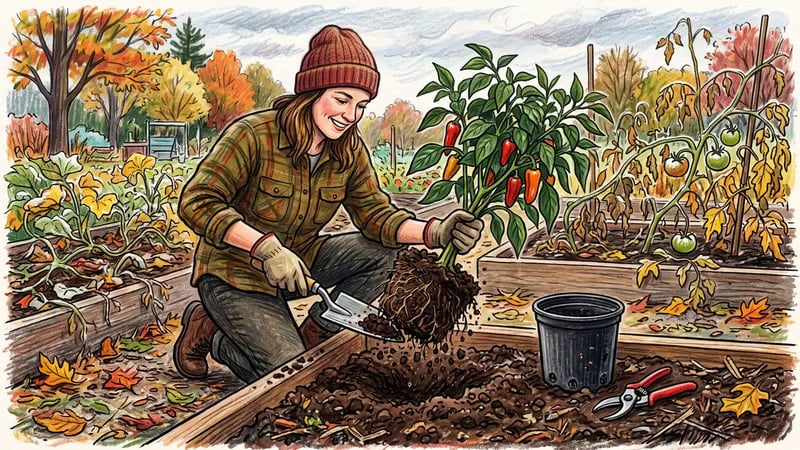 Gardener digging up a mature pepper plant in late October with a spade and shaking soil from the root ball beside a nursery pot and pruners