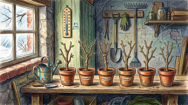 Row of cut-back dormant pepper plants in small pots on a garage shelf near a window with bare woody stems and a few tiny new leaves