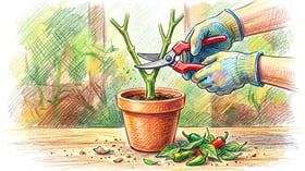 Hands with pruning shears cutting a pepper plant back to a short Y-shaped frame of stems in a terracotta pot with cut leaves beside it