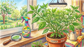 Second-year pepper plant with new growth and early white flowers under a small LED grow light beside a spray bottle of insecticidal soap