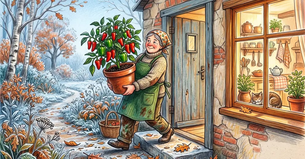 Gardener carrying a potted pepper plant loaded with red jalapeños and green bell peppers from a frosty autumn garden into a bright kitchen