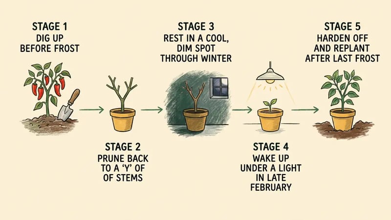 Infographic timeline of overwintering a pepper plant from digging before frost through pruning, cool dormant storage, waking under a light and replanting after last frost