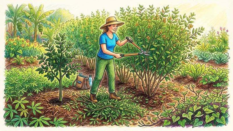 Gardener pruning a row of pigeon pea shrubs with loppers and dropping the leafy branches as mulch around a young citrus tree in a syntropic planting row