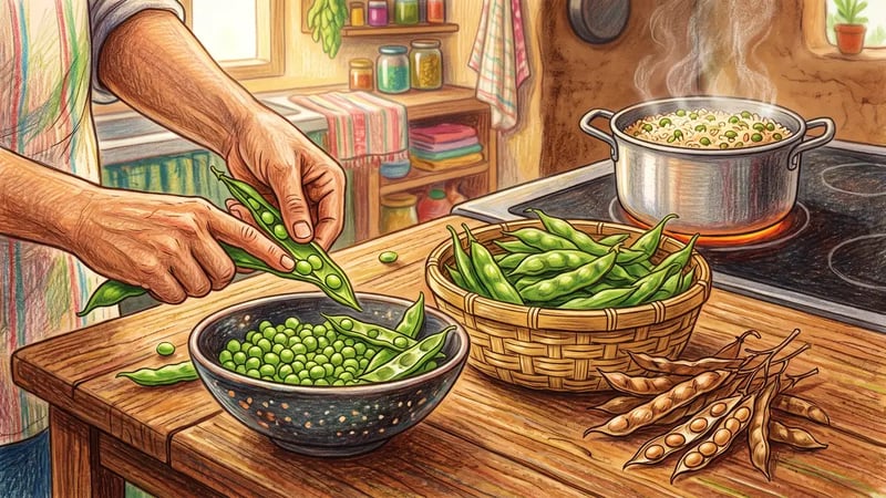 Hands shelling fresh green pigeon peas from pods into a bowl beside a basket of pods, dried seeds and a pot of rice and pigeon peas on the stove