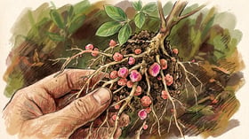 Pigeon pea roots pulled from dark soil showing pink-centred nitrogen-fixing nodules clustered on fine roots in a gardener's hand