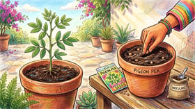 Pigeon pea seedling in a terracotta container on a sunny patio with a hand sowing tan seeds an inch deep into a second pot beside a seed packet