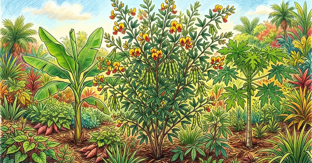 Tall pigeon pea shrub with yellow flowers and green pods growing between young banana plants and a papaya in a syntropic Florida garden
