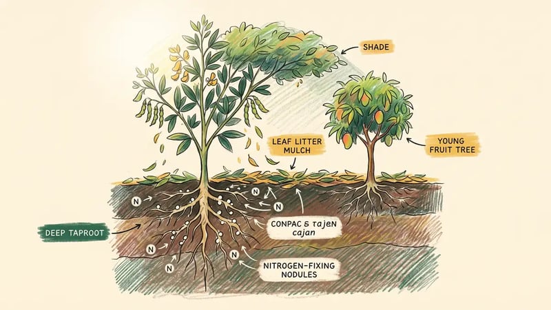 Infographic cross-section of a pigeon pea plant showing its deep taproot, nitrogen-fixing root nodules, leaf litter mulch and a young fruit tree beside it