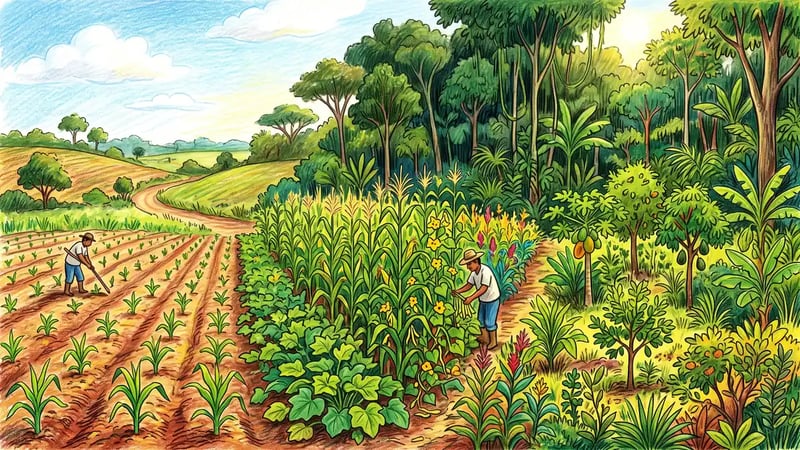 Wide view of the milpa cycle with a newly planted maize field, a two-year-old field thick with beans and squash, and young regrowing forest beside mature Yucatan forest