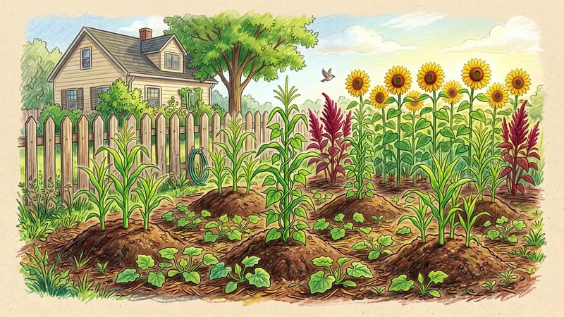 US backyard milpa bed with soil mounds three feet apart growing corn, pole beans and squash seedlings, sunflowers and amaranth at the edge, wooden fence behind