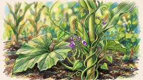 Close-up of a corn stalk with a pole bean vine spiralling up it and a broad squash leaf shading the soil below in dappled light