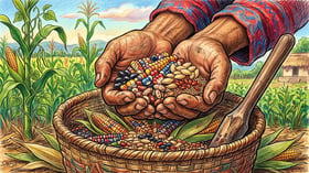 Maya farmer's hands holding a mix of colourful flint corn kernels, speckled beans, squash seeds, chile and amaranth seeds over a woven basket