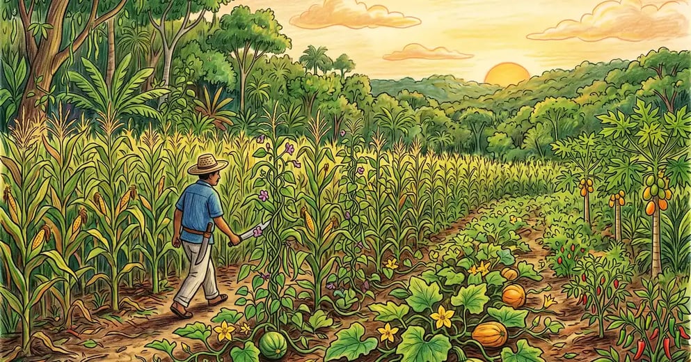 Maya milpa field in the Yucatan with tall maize, climbing beans and sprawling squash, chile and papaya at the edge and tropical forest behind