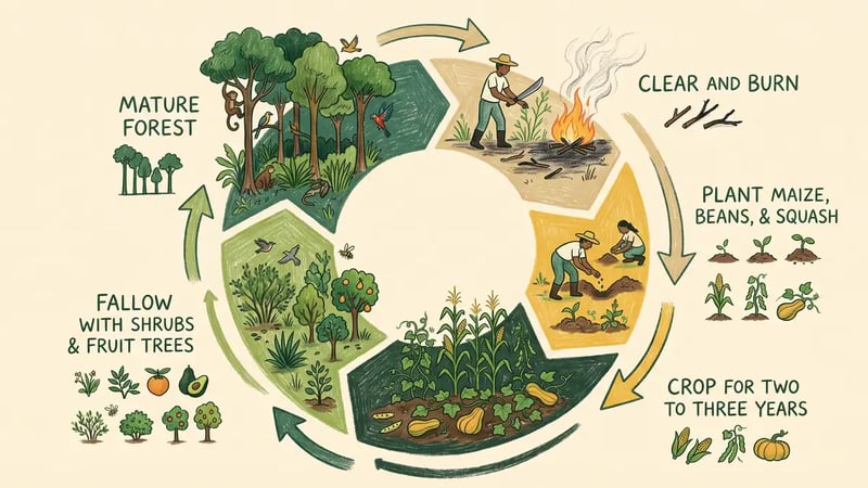 Infographic of the milpa cycle as a circle of five stages from clearing and burning through planting, cropping, fallow shrubs and mature forest