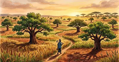 Mature shea trees with broad crowns scattered across a field of ripening sorghum and millet in northern Ghana at golden hour