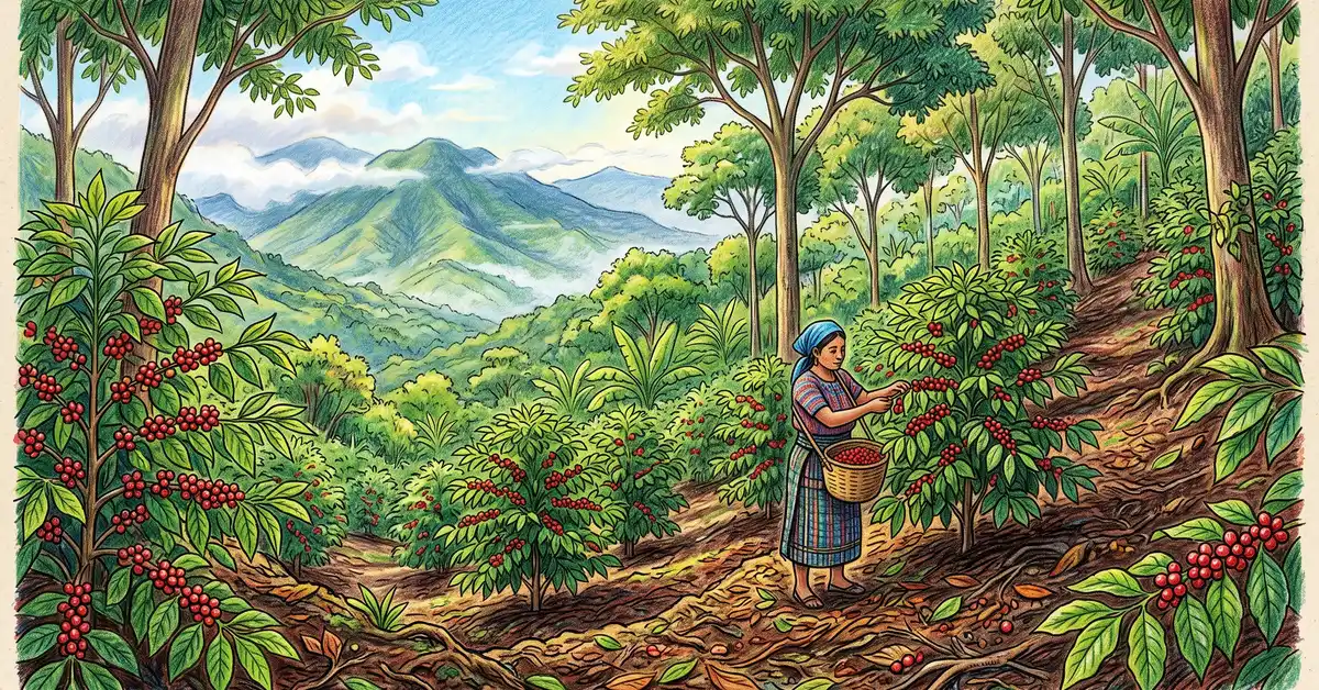 Coffee shrubs heavy with red cherries growing beneath a high open canopy of Inga trees on a misty Central American hillside