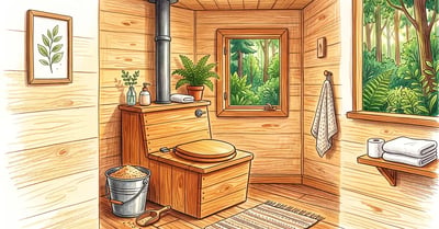 Wooden self-contained composting toilet in a tidy off-grid cabin bathroom with a sawdust bucket and vent pipe running through the ceiling