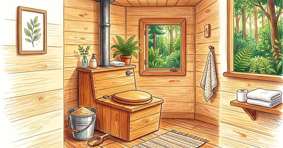Wooden self-contained composting toilet in a tidy off-grid cabin bathroom with a sawdust bucket and vent pipe running through the ceiling