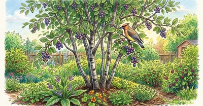 Mature multi-stemmed serviceberry tree loaded with purple-blue berries in a backyard food forest with a cedar waxwing perched among the fruit