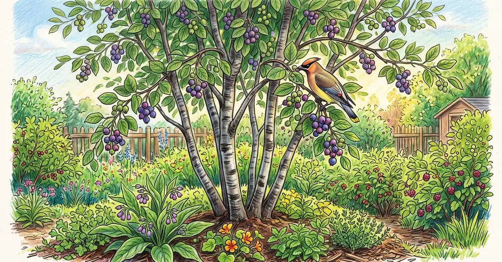 Mature multi-stemmed serviceberry tree loaded with purple-blue berries in a backyard food forest with a cedar waxwing perched among the fruit