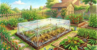 Backyard vegetable bed covered in taut clear plastic for soil solarization with condensation underneath and productive beds alongside