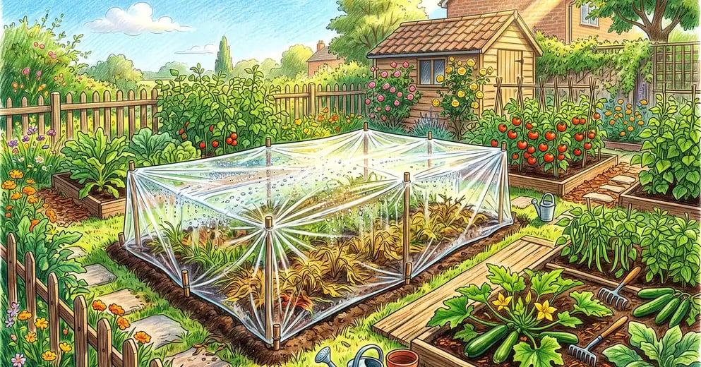 Backyard vegetable bed covered in taut clear plastic for soil solarization with condensation underneath and productive beds alongside