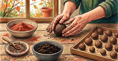 Hands rolling a seed ball on a wooden table beside bowls of red clay powder, compost and wildflower seeds with finished balls drying