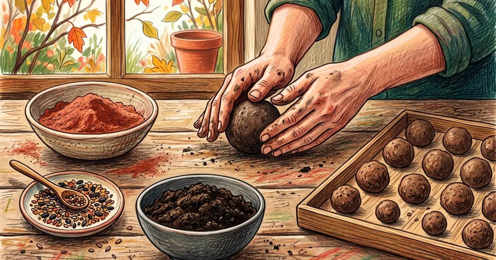 Hands rolling a seed ball on a wooden table beside bowls of red clay powder, compost and wildflower seeds with finished balls drying