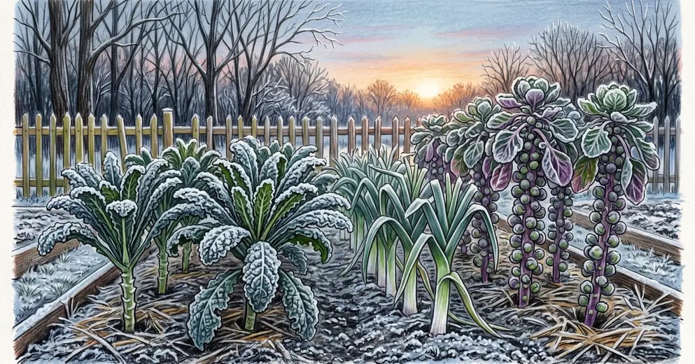 Frost-covered winter vegetable bed with Lacinato kale, leeks and Brussels sprouts at dawn, ice crystals outlining every leaf vein