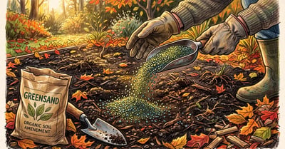 Gardener scattering coarse blue-green greensand from a scoop over a dark autumn garden bed with an amendment sack and trowel nearby