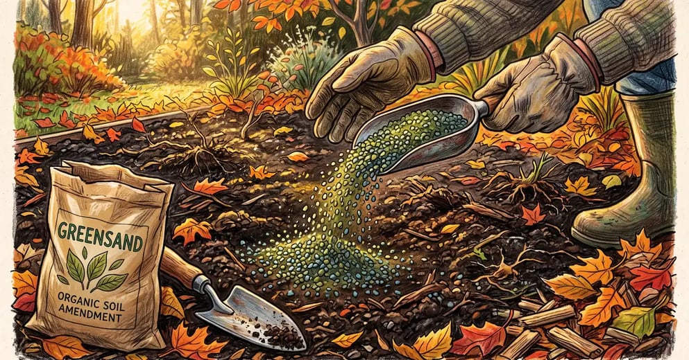 Gardener scattering coarse blue-green greensand from a scoop over a dark autumn garden bed with an amendment sack and trowel nearby