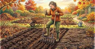 Gardener standing on a broadfork with tines sunk deep into a garden bed, loosened crumbly soil beside untouched compacted ground