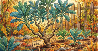 Mature multi-stemmed perennial kale plant with woody base and blue-green leaves in an autumn garden bed beside smaller annual kale seedlings
