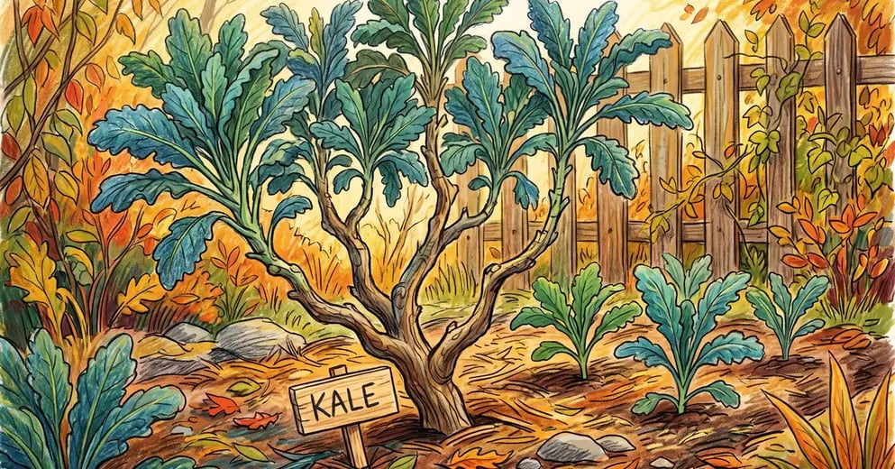 Mature multi-stemmed perennial kale plant with woody base and blue-green leaves in an autumn garden bed beside smaller annual kale seedlings