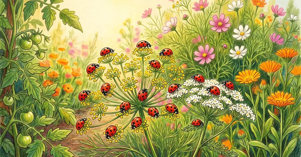 Red seven-spotted ladybugs feeding on flowering dill and yarrow umbels in a late summer vegetable garden with cosmos and calendula behind
