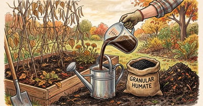 Dark liquid humic acid concentrate poured into a watering can beside a garden bed, with granular humate and a heap of compost alongside for comparison