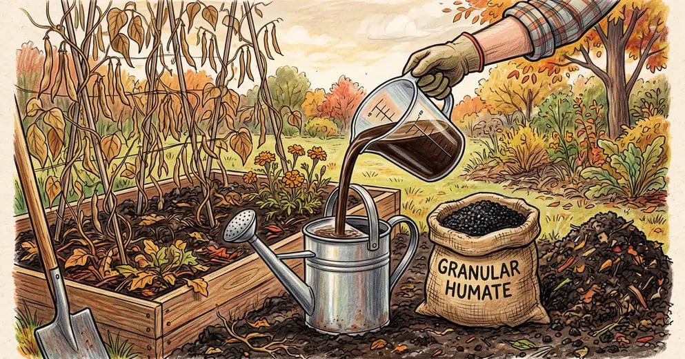 Dark liquid humic acid concentrate poured into a watering can beside a garden bed, with granular humate and a heap of compost alongside for comparison