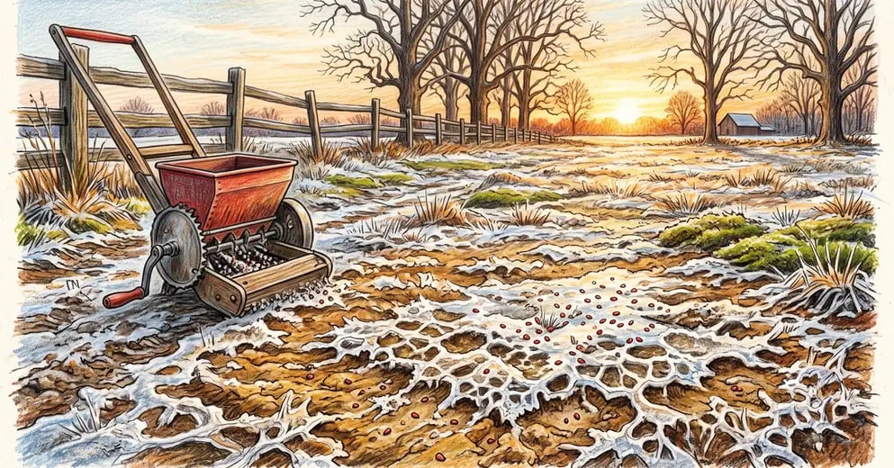 Late winter homestead pasture at dawn with frost-heaved ground, scattered clover seed and a broadcast spreader ready for frost seeding