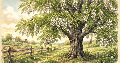 Mature black locust tree in full white flower beside a split-rail fence on a homestead, with honeybees working the fragrant blossoms